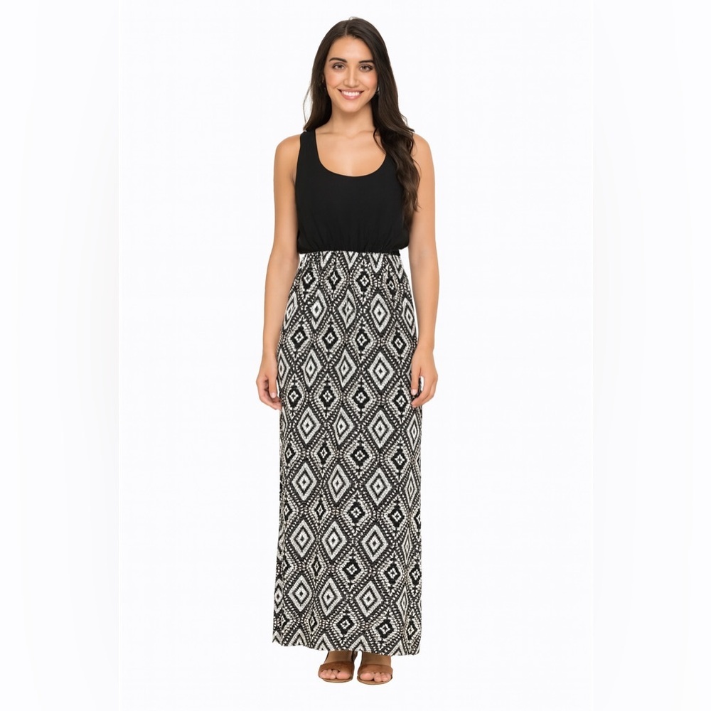 Black White Geometric Maxi Dress L Sleeveless Side Slit Casual Summer